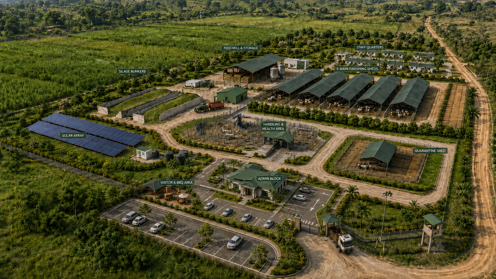 Conceptual site plan for Maalu Ranch showing finishing sheds, quarantine, feed mill, silage bunkers, solar array, administration and staff quarters